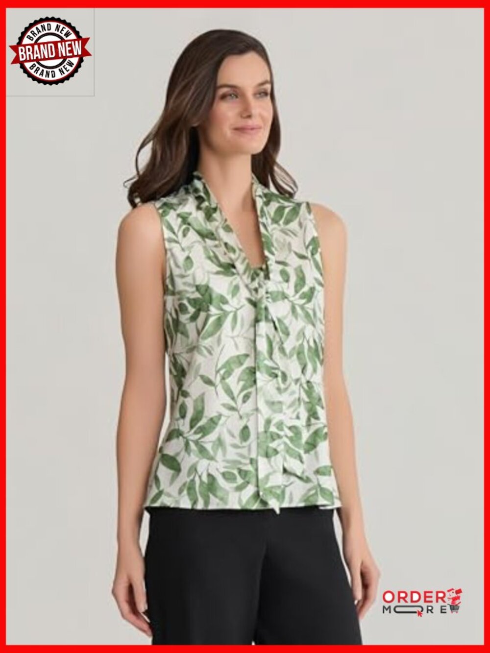 Sleeveless Tie-Front Printed Satin Top, Floral Blouse, Regular Fit - Picture 2 of 3